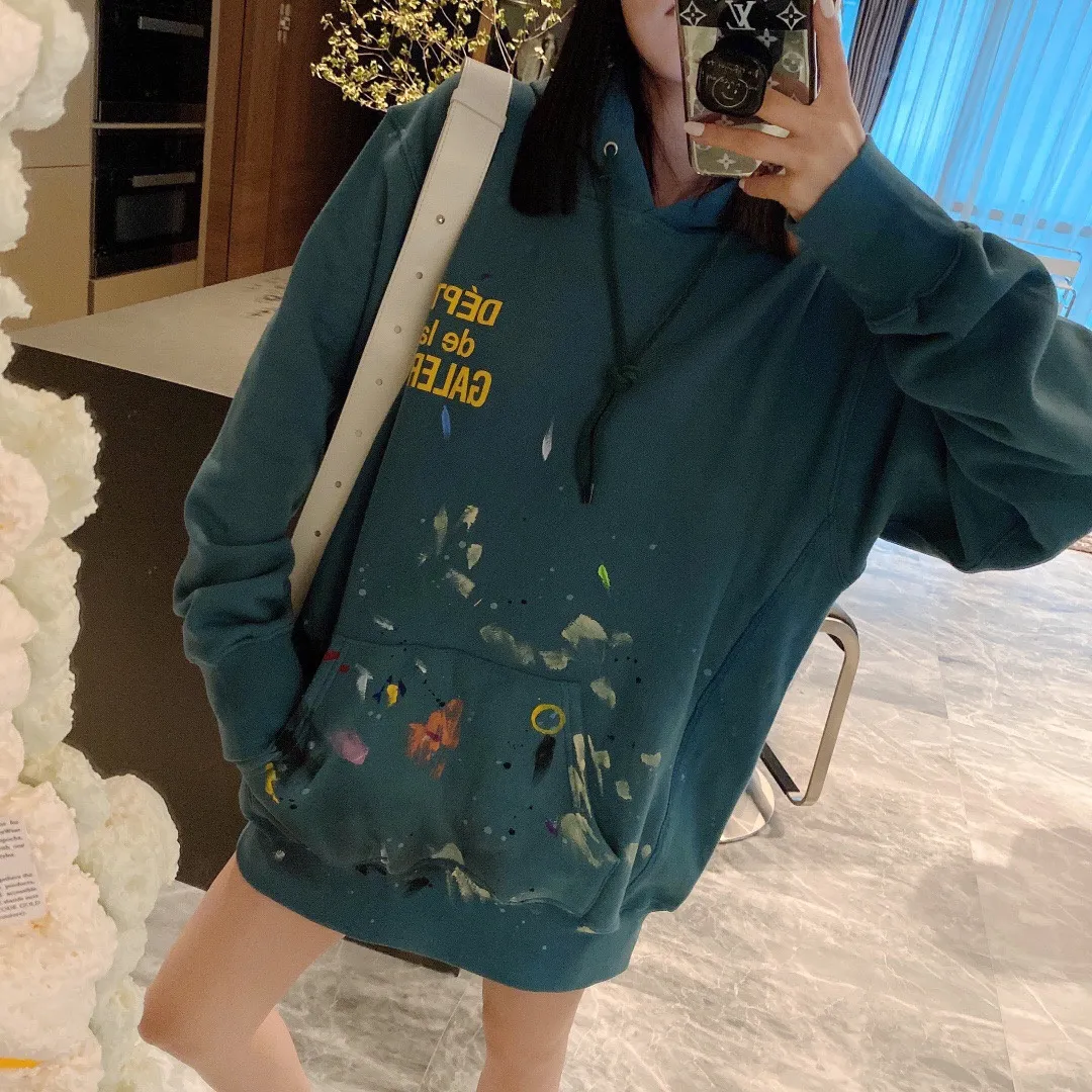 Same style as Bai Jingting Gallery Dept. French Logo Hoodie Splashed ink French basic logo hoodie Vintage splashed ink washed distressed sweatshirt Lake green S-XL